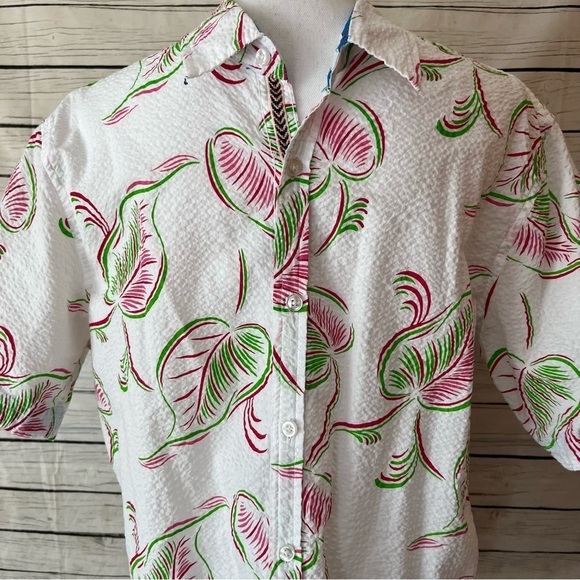 Paper Denim & Cloth Men’s Fuchsia & Green Leaf Print Button Down Shirt - Picture 4 of 4